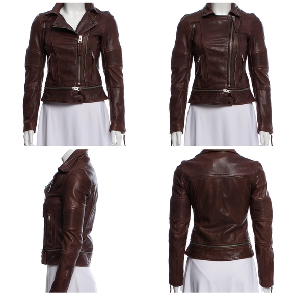 All Saints Leather Jacket Moto Biker Brown xs - Picture 11 of 15